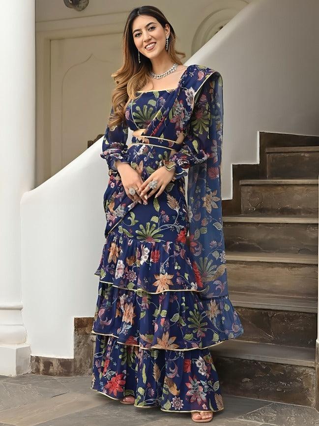 Navy blue printed ready-to-wear ruffle saree with belt  - By Kreeva