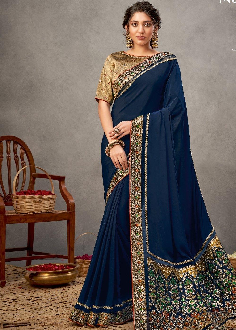 Navy Blue Satin Silk Saree with Thread & Cord Embroidery | Stitched Blouse - qivii