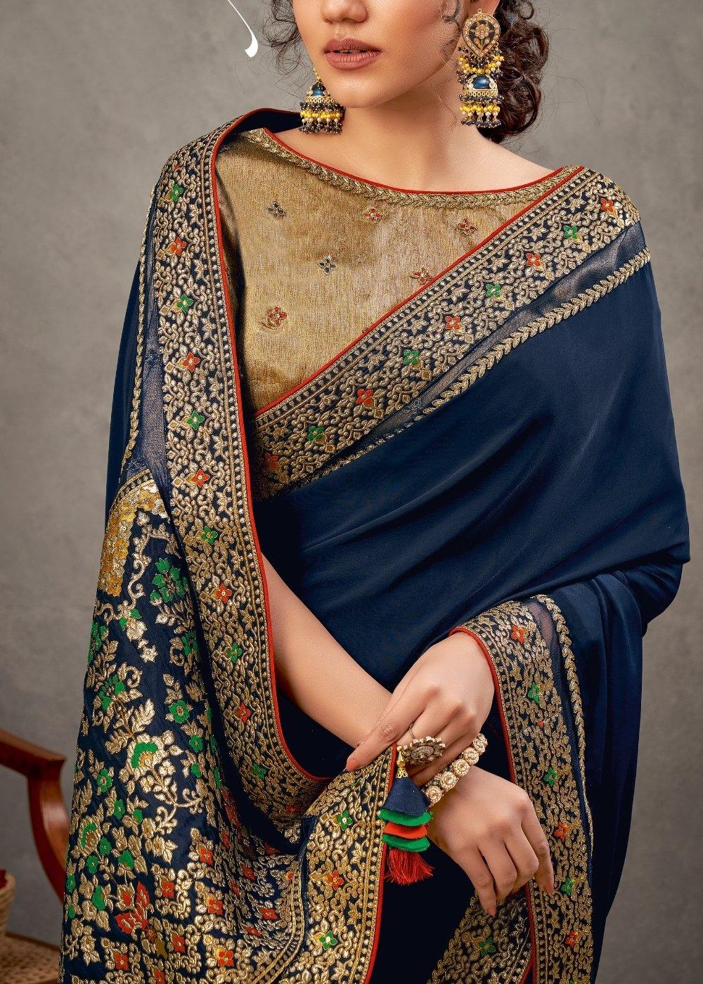 Navy Blue Satin Silk Saree with Thread & Cord Embroidery | Stitched Blouse - qivii