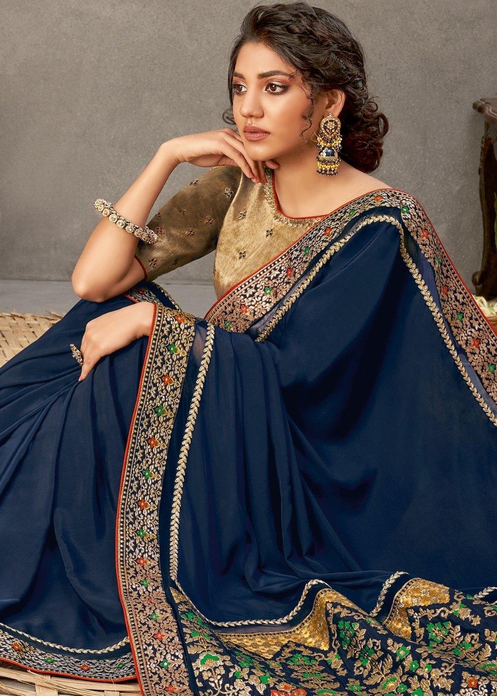 Navy Blue Satin Silk Saree with Thread & Cord Embroidery | Stitched Blouse - qivii