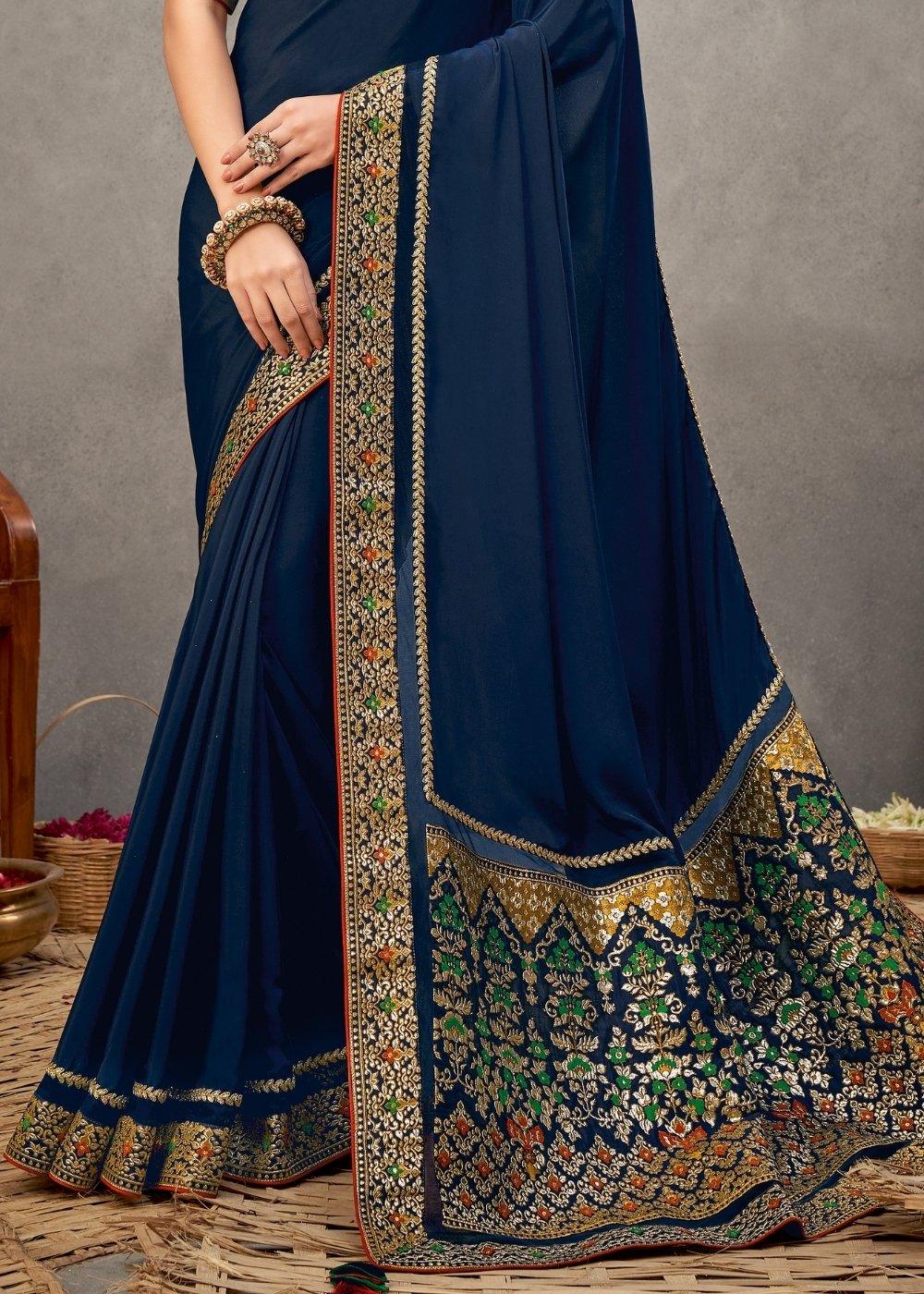 Navy Blue Satin Silk Saree with Thread & Cord Embroidery | Stitched Blouse - qivii