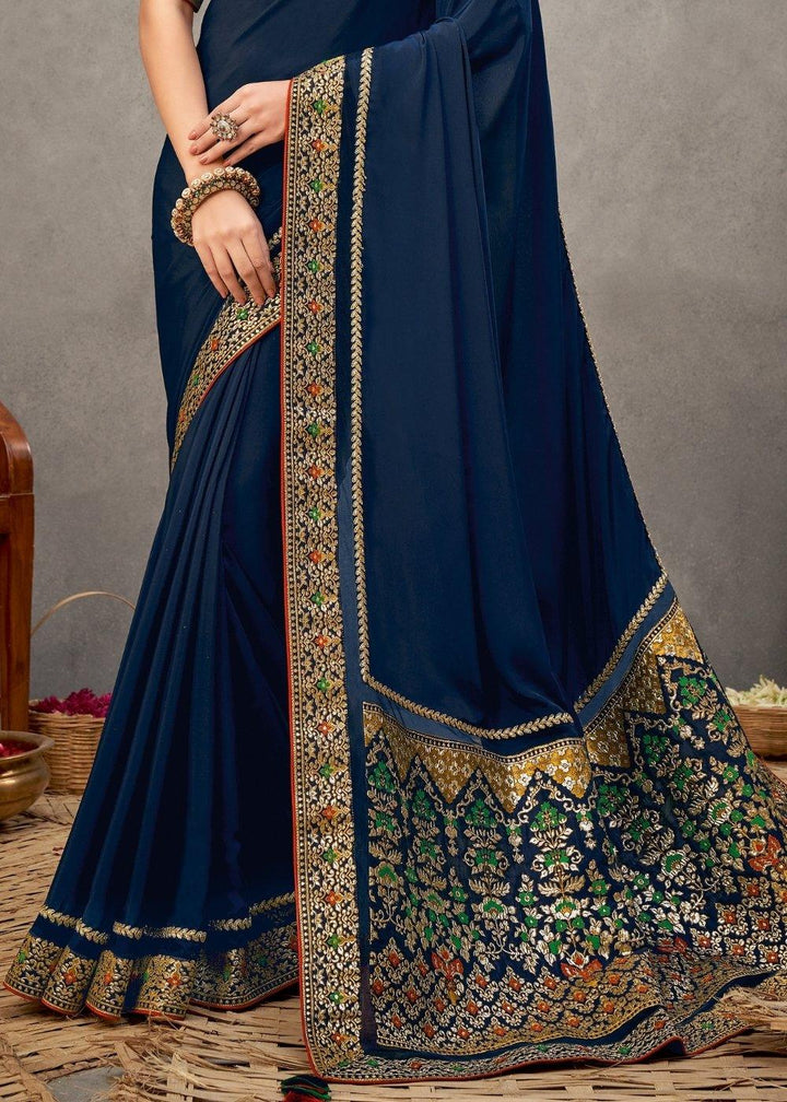 Navy Blue Satin Silk Saree with Thread & Cord Embroidery | Stitched Blouse - qivii