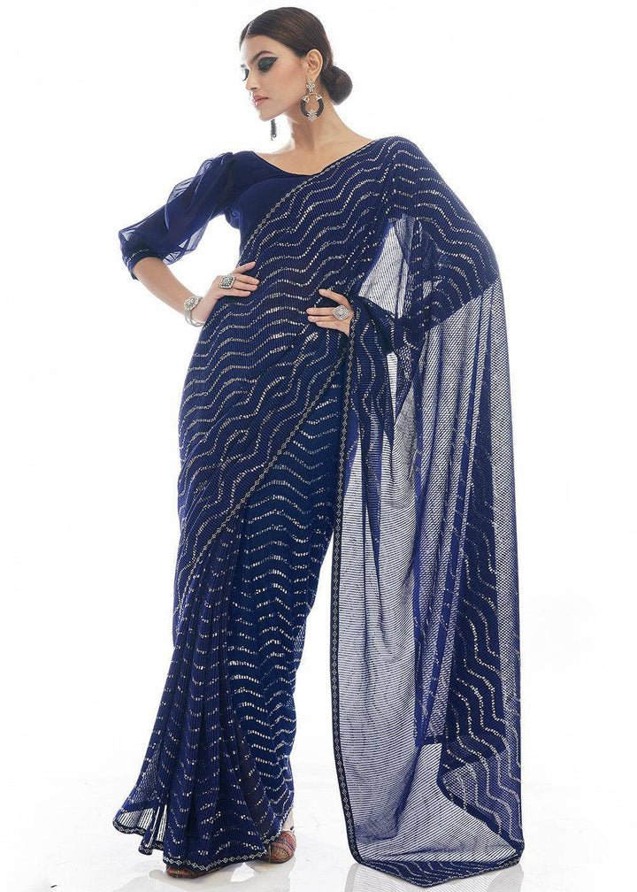 Navy Blue Sequins & Thread Embroidered Designer Georgette Saree | Stitched Blouse - qivii