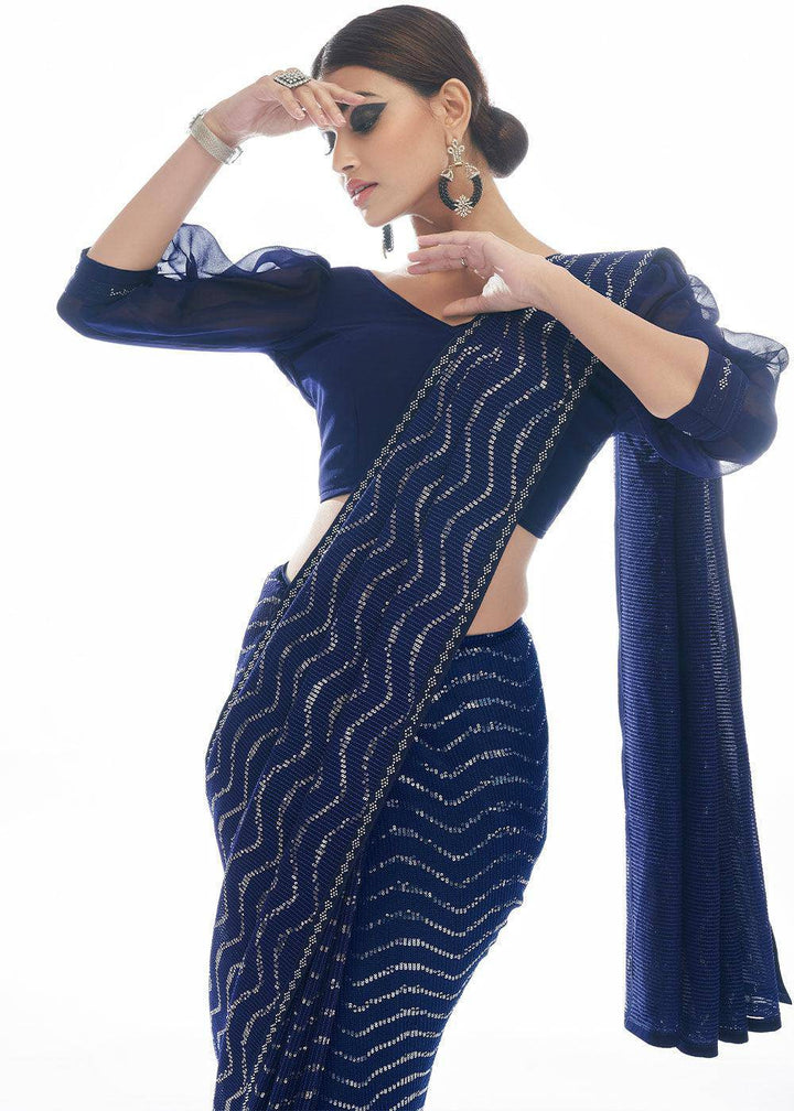 Navy Blue Sequins & Thread Embroidered Designer Georgette Saree | Stitched Blouse - qivii