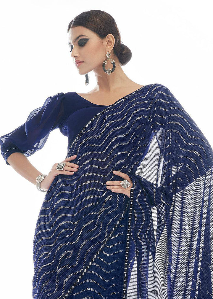 Navy Blue Sequins & Thread Embroidered Designer Georgette Saree | Stitched Blouse - qivii