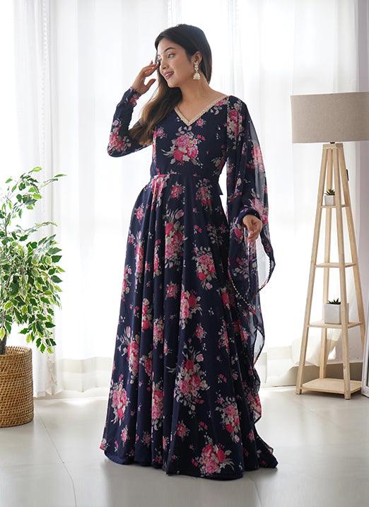 Navy Blue Soft Georgette Anarkali Gown by Qivii