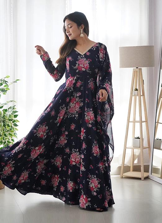 Navy Blue Soft Georgette Anarkali Gown by Qivii