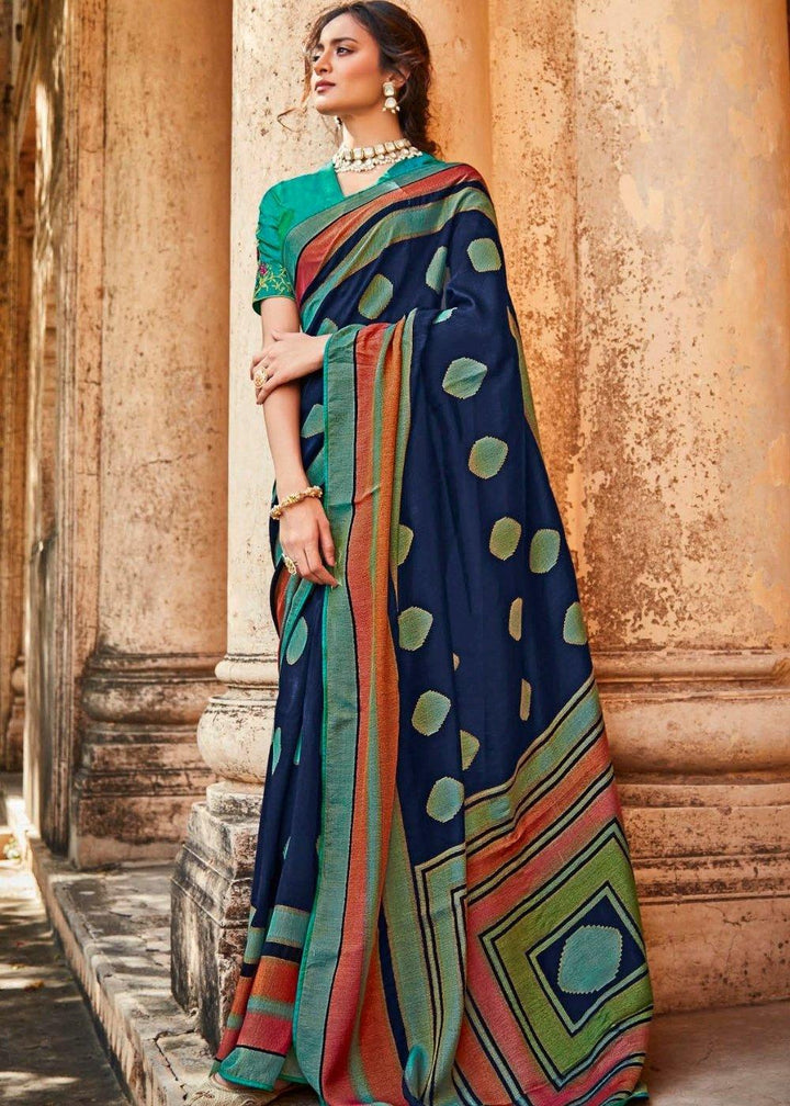 Navy Blue Soft Silk Saree with Embroidered Blouse | Stitched Blouse - qivii