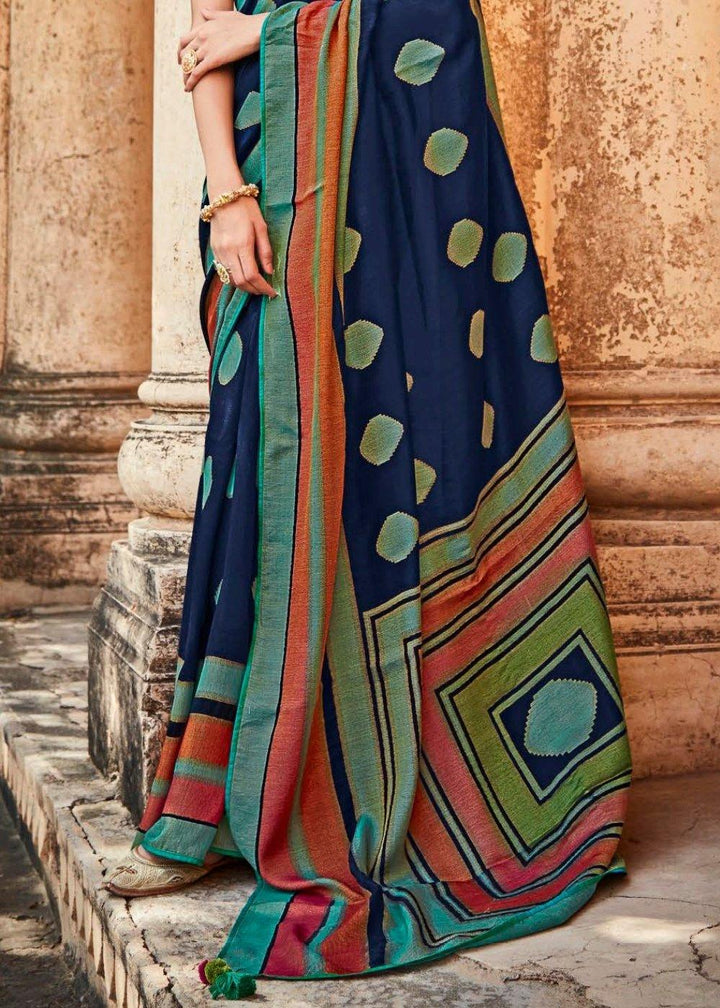 Navy Blue Soft Silk Saree with Embroidered Blouse | Stitched Blouse - qivii