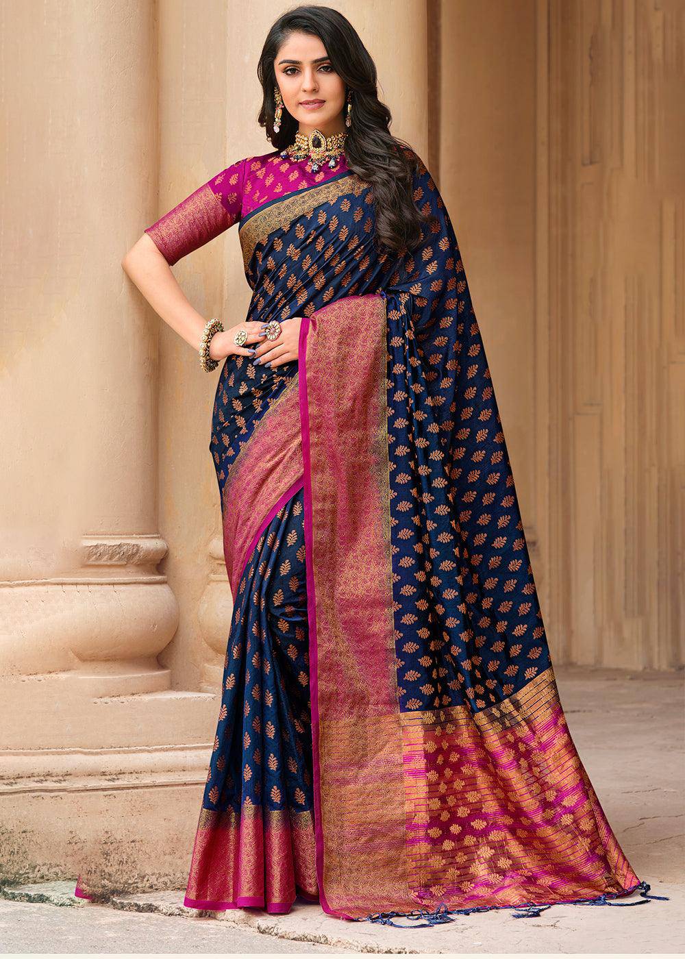 Navy Blue Zari Butta Woven Raw Banarasi Silk Saree | Stitched Blouse - qivii