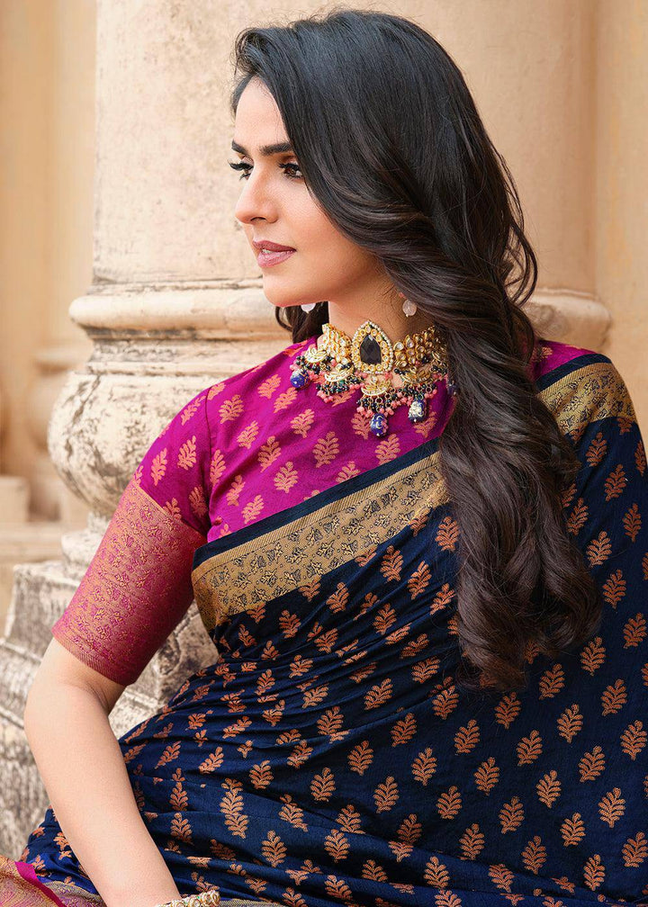 Navy Blue Zari Butta Woven Raw Banarasi Silk Saree | Stitched Blouse - qivii