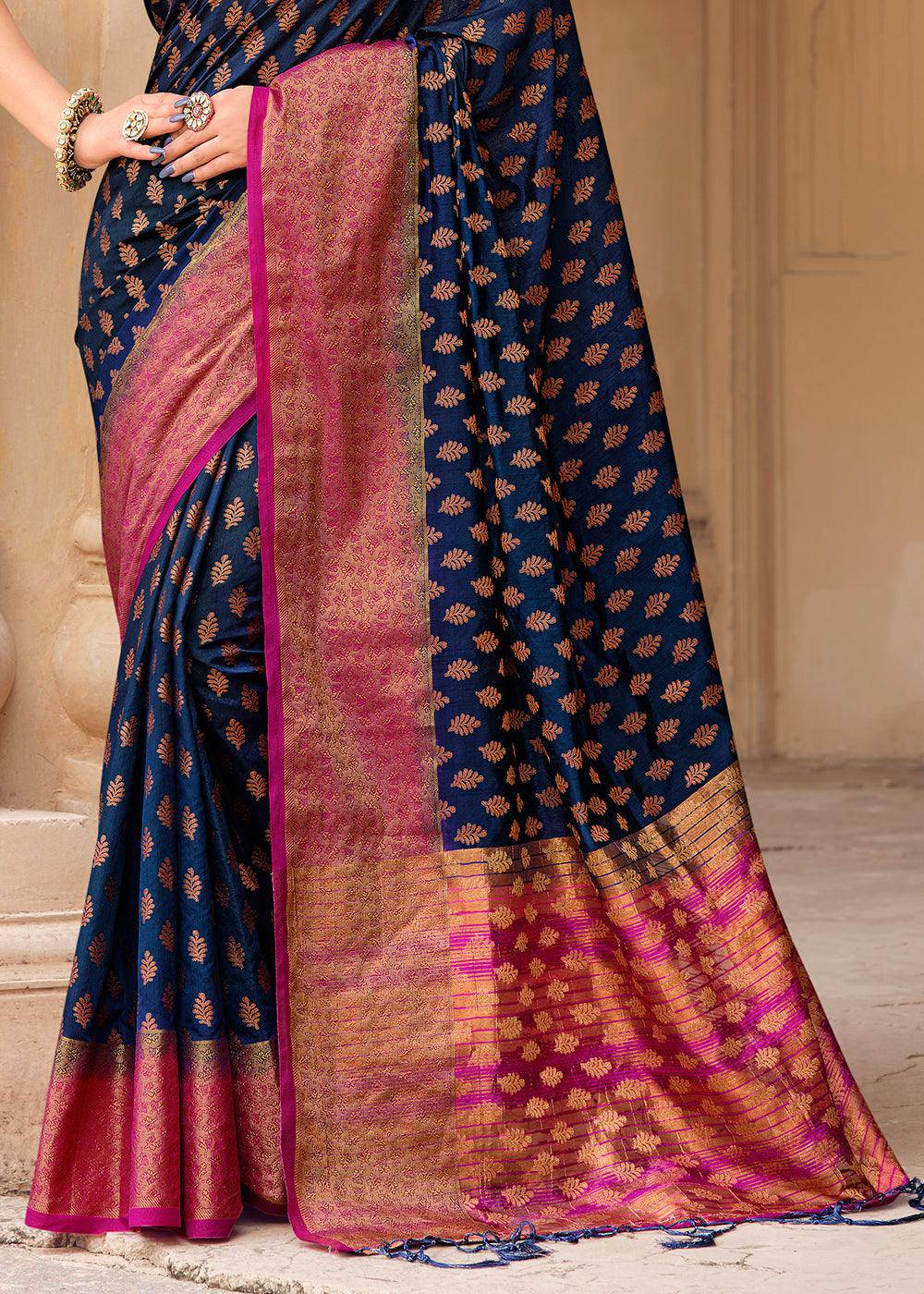 Navy Blue Zari Butta Woven Raw Banarasi Silk Saree | Stitched Blouse - qivii