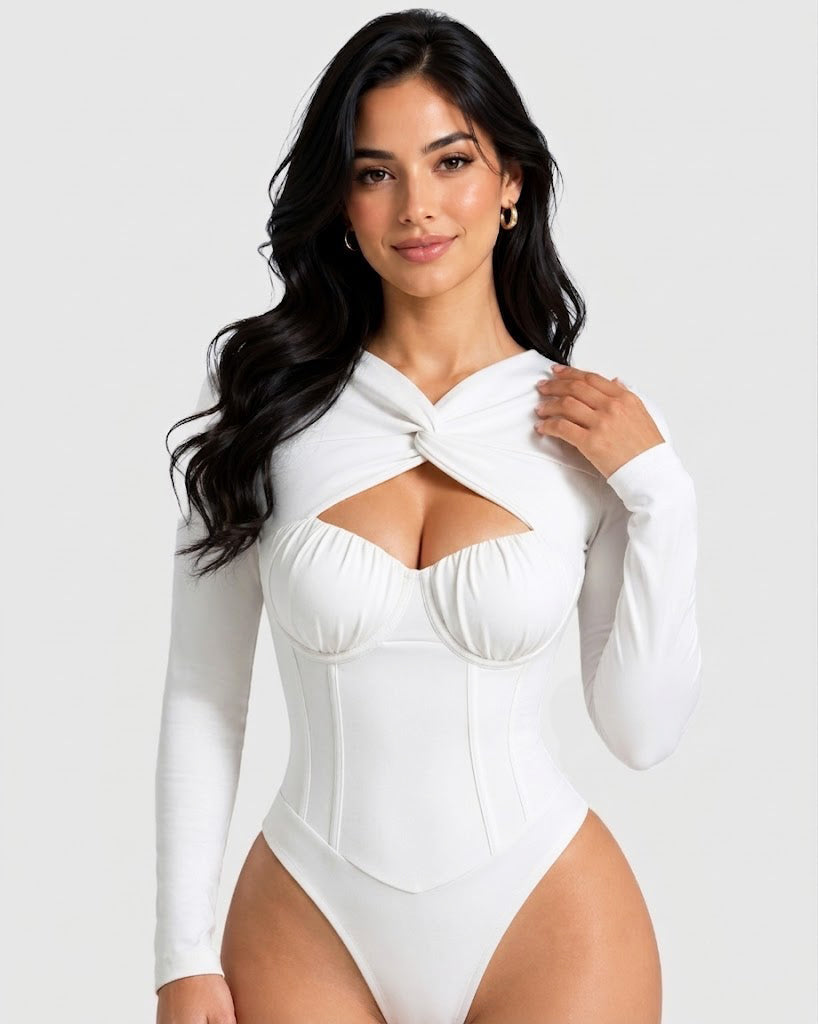 Sexy Twist Cutout Bustier Long Sleeve High Cut Bodysuit  - By Qivii