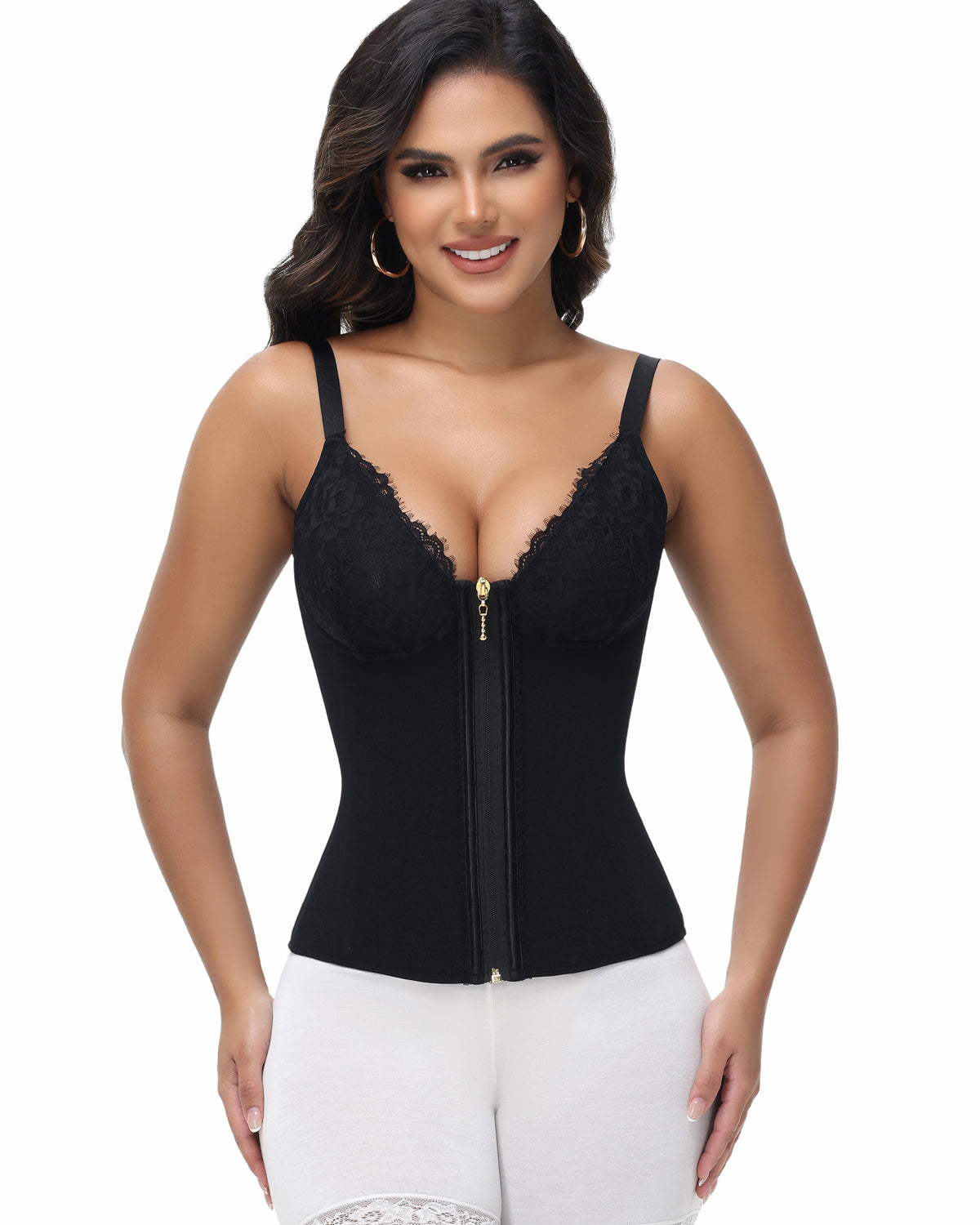 Shapshe® Deep V Lace Corset Top Trimmed Waist Trainer with Front Zipper  - By Qivii