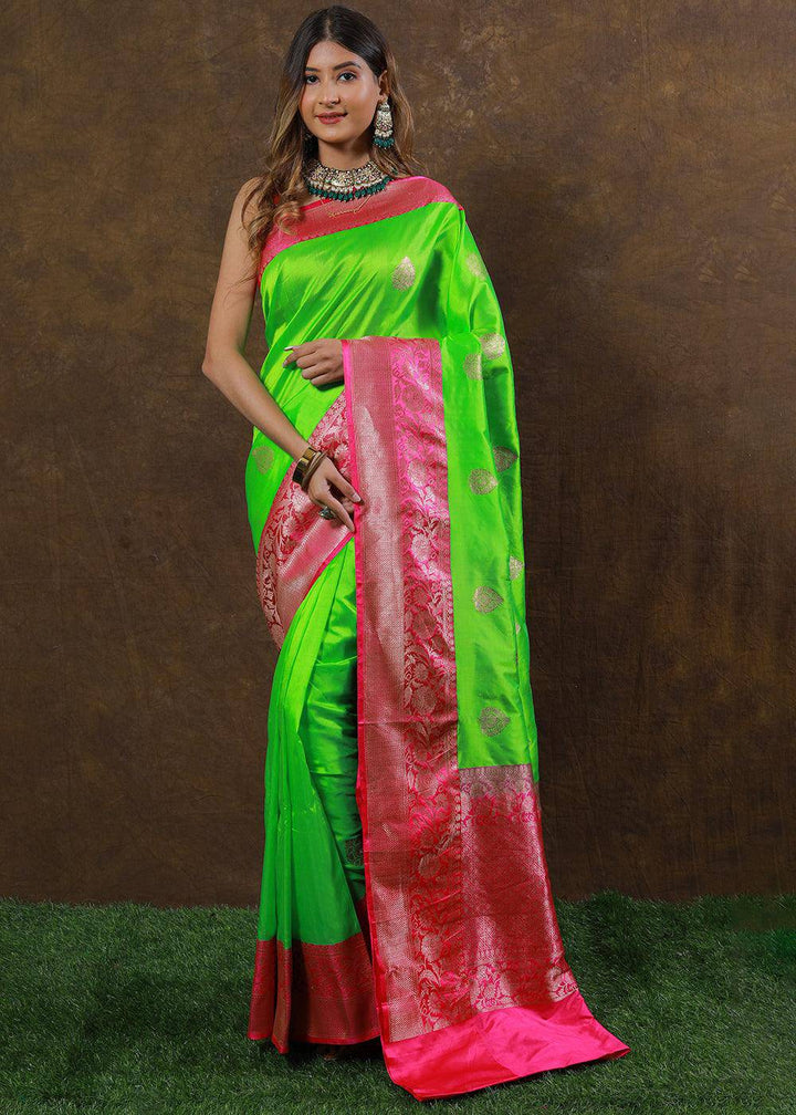 Neon Green Hand Woven Pure Katan Silk Saree | Stitched Blouse - qivii