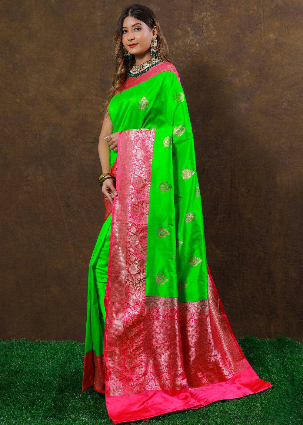 Neon Green Hand Woven Pure Katan Silk Saree | Stitched Blouse - qivii