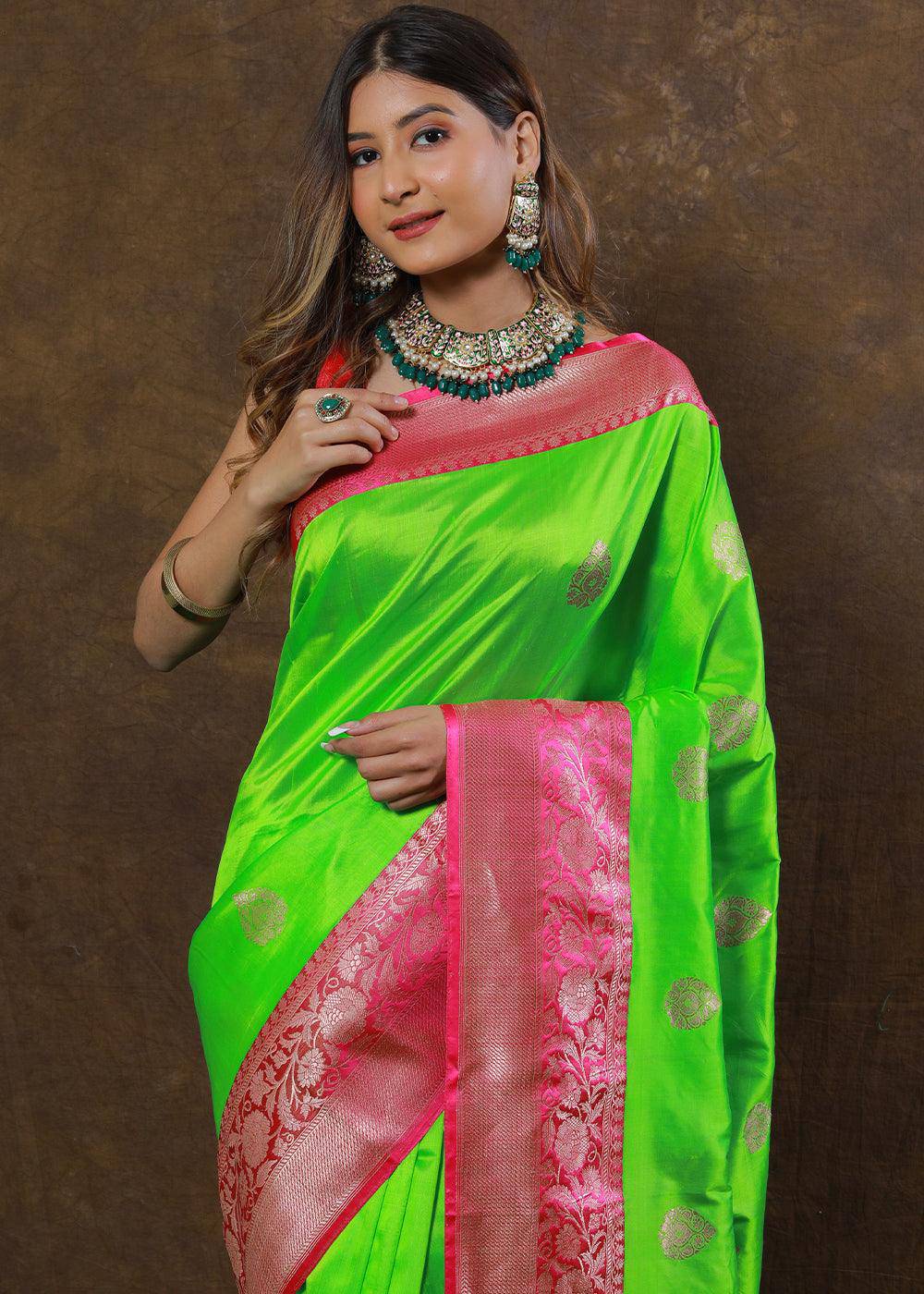 Neon Green Hand Woven Pure Katan Silk Saree | Stitched Blouse - qivii