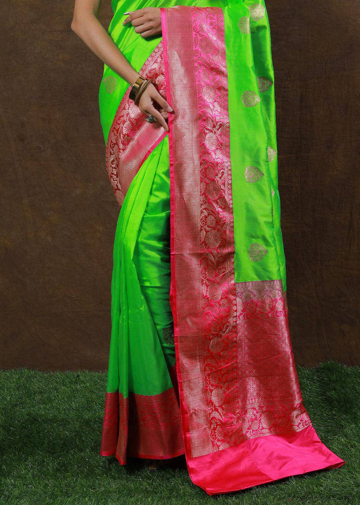 Neon Green Hand Woven Pure Katan Silk Saree | Stitched Blouse - qivii