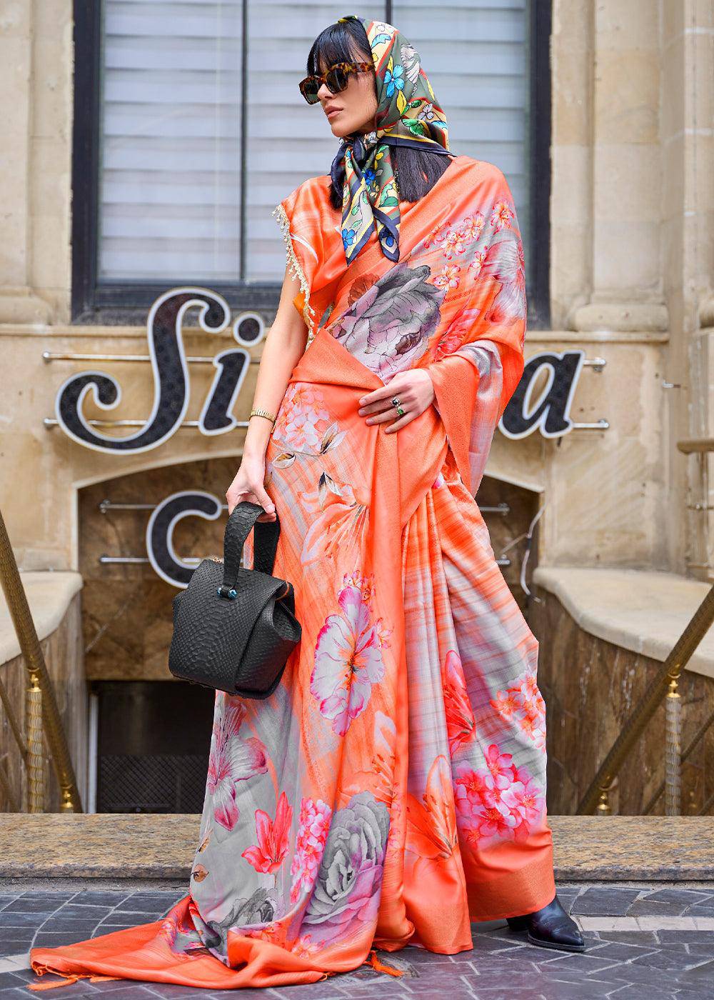 Neon Orange Digital Floral Printed Silk Saree | Stitched Blouse - qivii