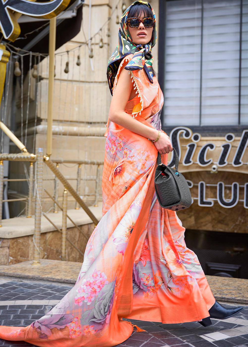 Neon Orange Digital Floral Printed Silk Saree | Stitched Blouse - qivii