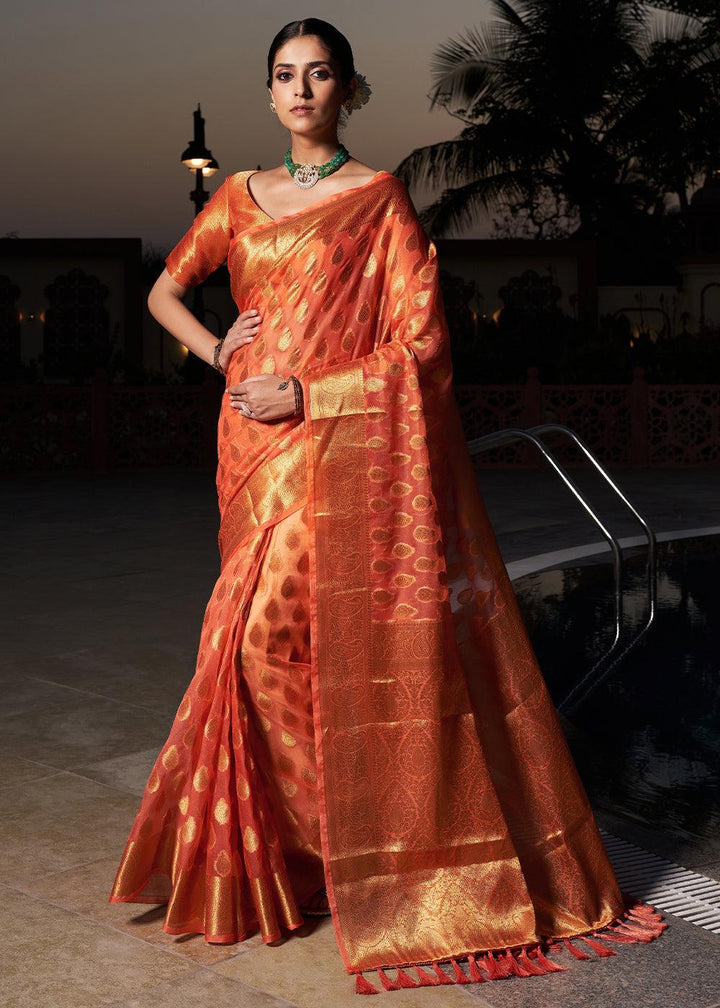 Neon Orange Woven Organza Saree - qivii