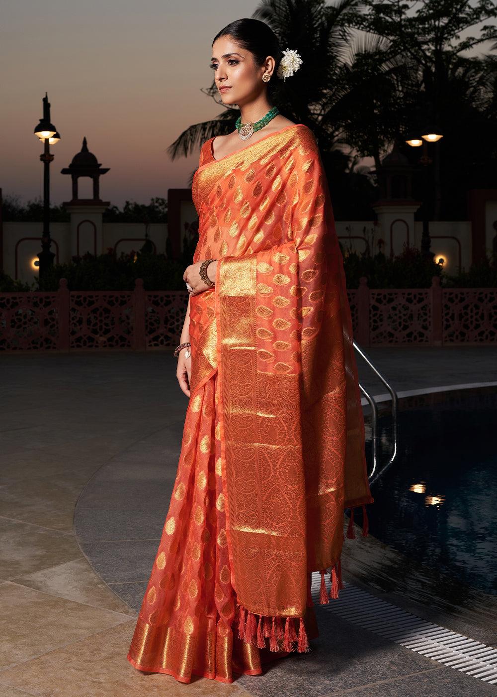 Neon Orange Woven Organza Saree - qivii