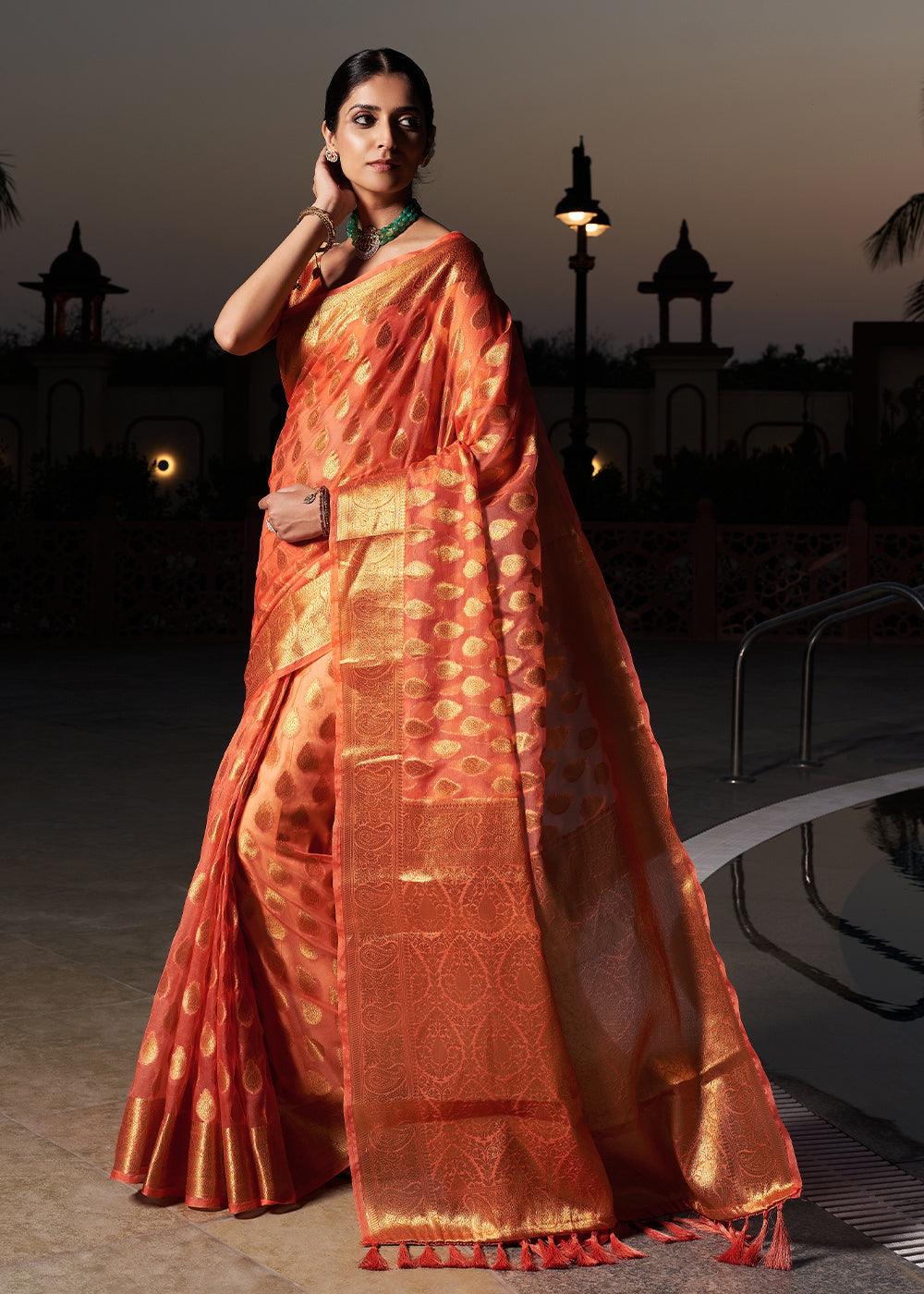 Neon Orange Woven Organza Saree - qivii