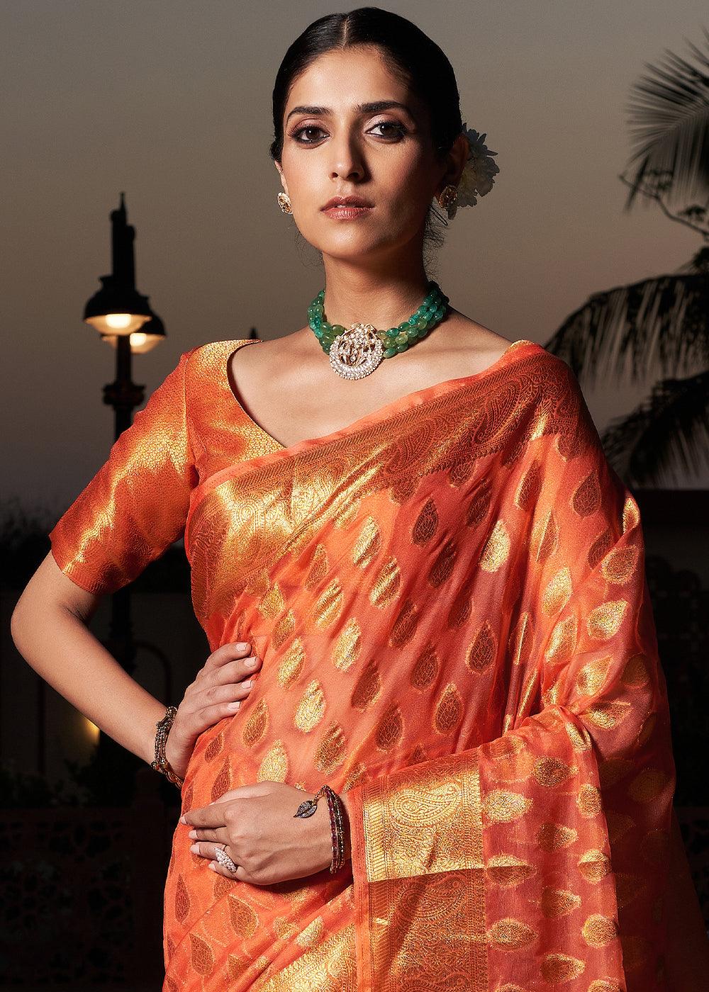 Neon Orange Woven Organza Saree - qivii