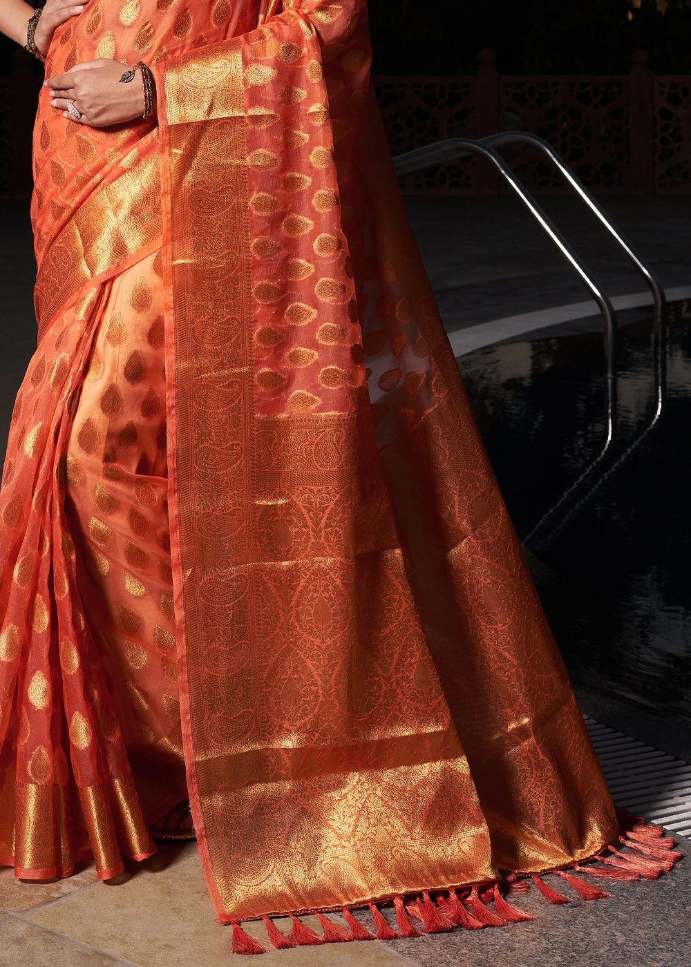 Neon Orange Woven Organza Saree - qivii