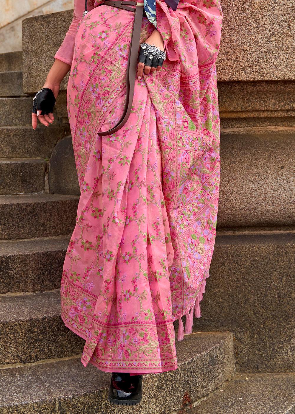 Neon Pink Parsi Handloom Woven Organza Silk Saree - qivii