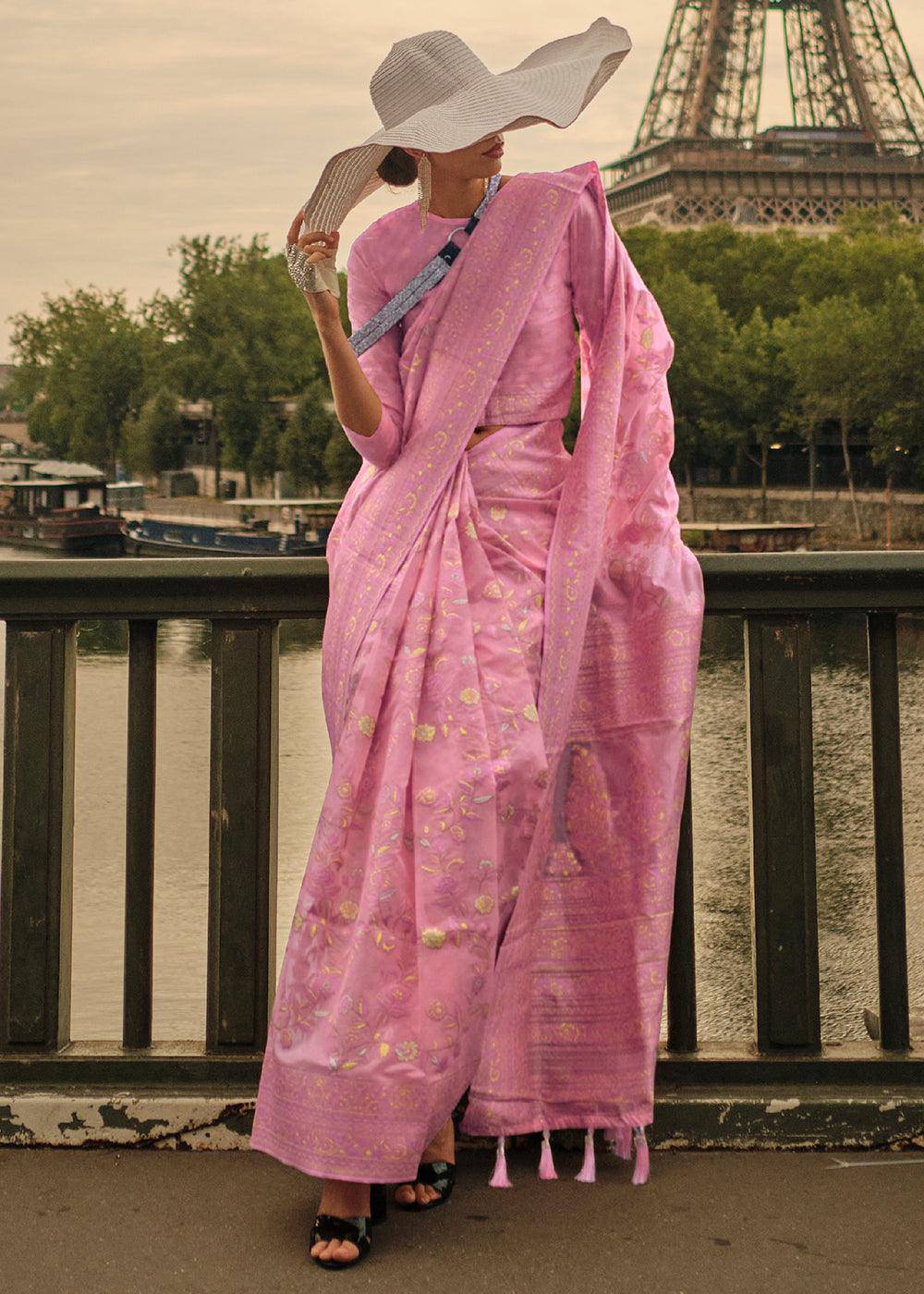 Neon Pink Woven Kashmiri Organza Silk Saree | Stitched Blouse - qivii