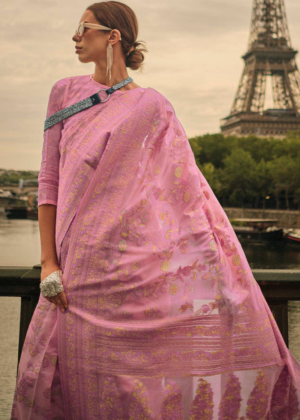 Neon Pink Woven Kashmiri Organza Silk Saree | Stitched Blouse - qivii