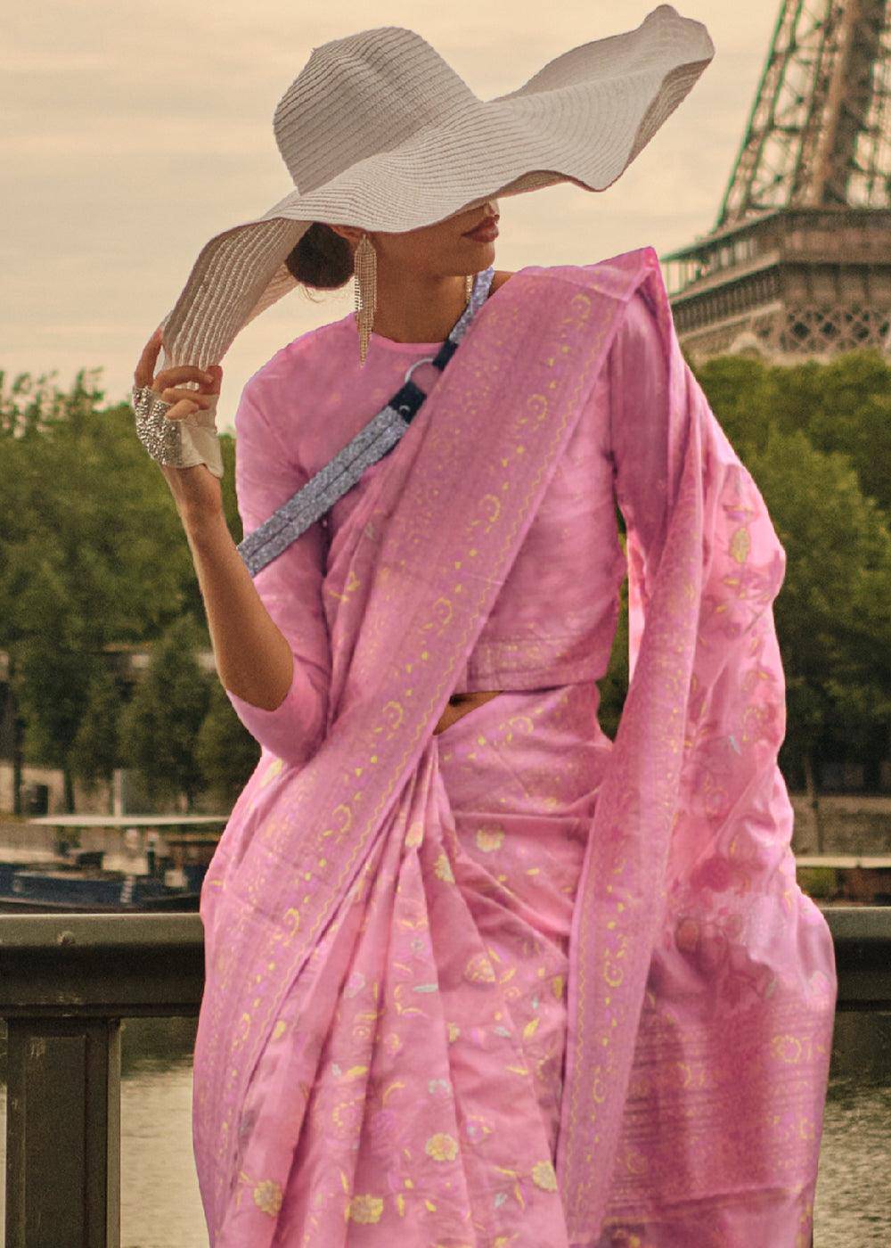 Neon Pink Woven Kashmiri Organza Silk Saree | Stitched Blouse - qivii