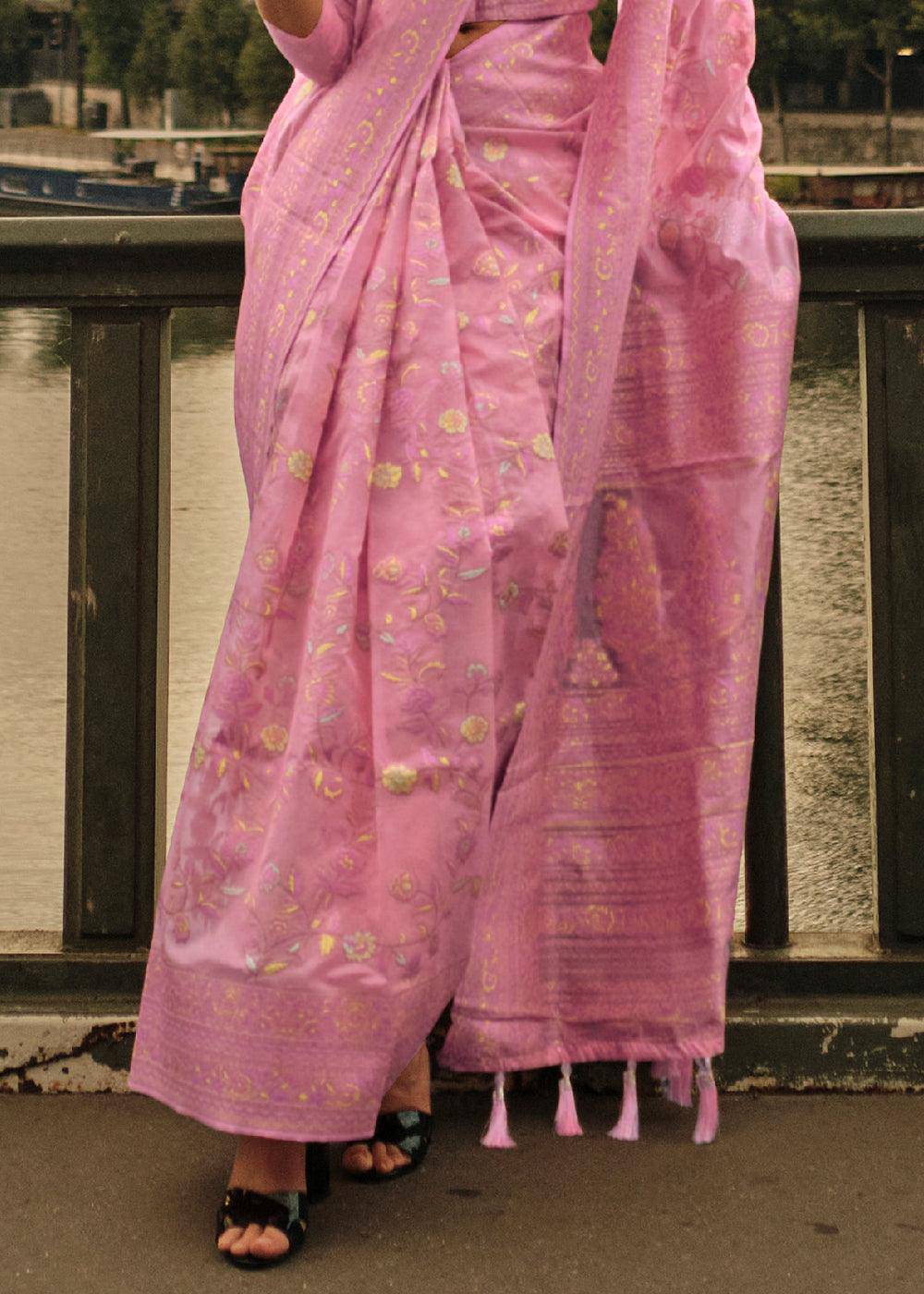 Neon Pink Woven Kashmiri Organza Silk Saree | Stitched Blouse - qivii