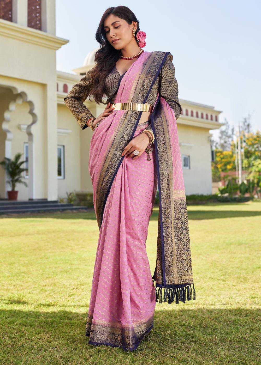 Neon Pink Zari Woven Georgette Saree with Contrast Blouse & Pallu - qivii