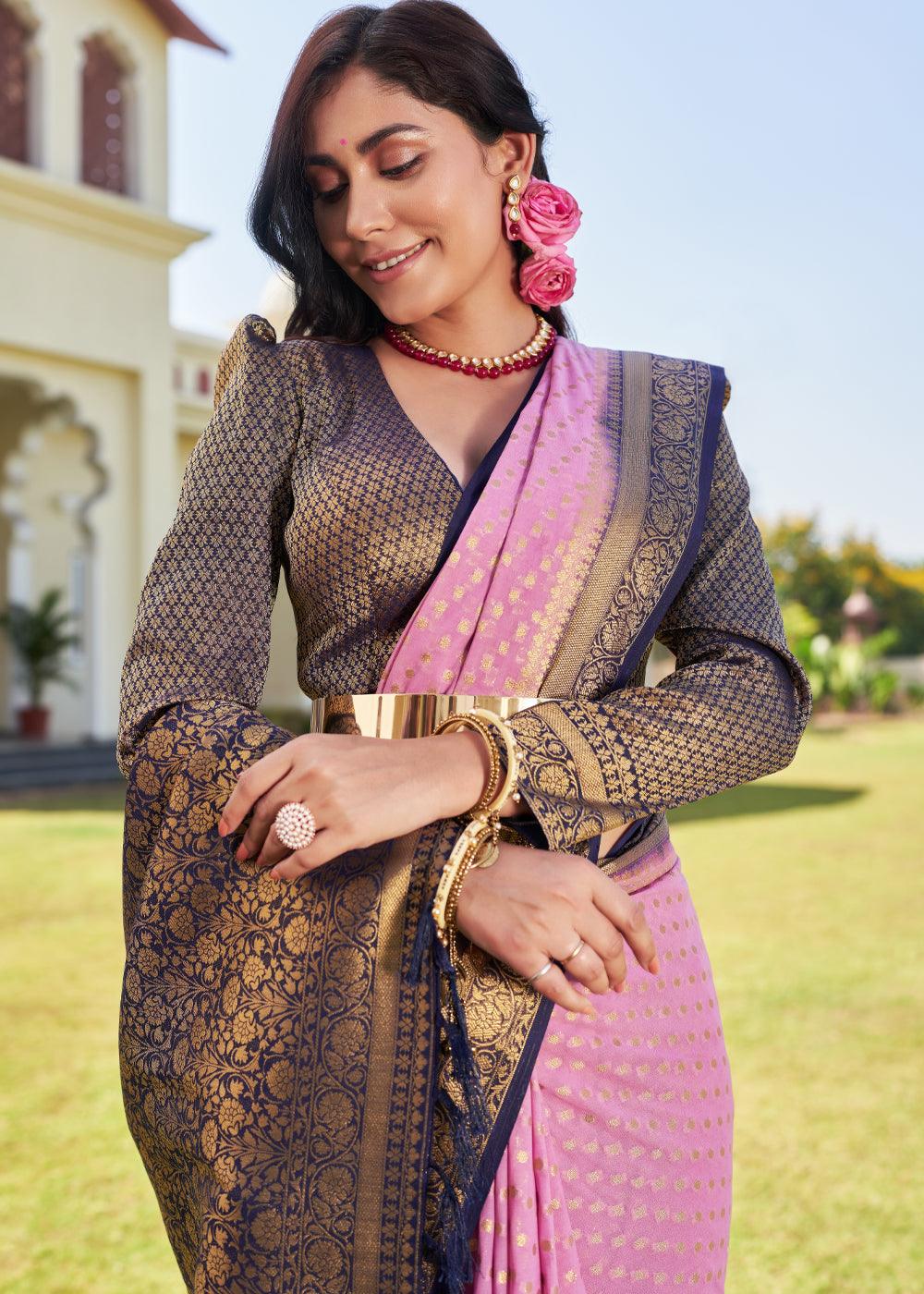 Neon Pink Zari Woven Georgette Saree with Contrast Blouse & Pallu - qivii