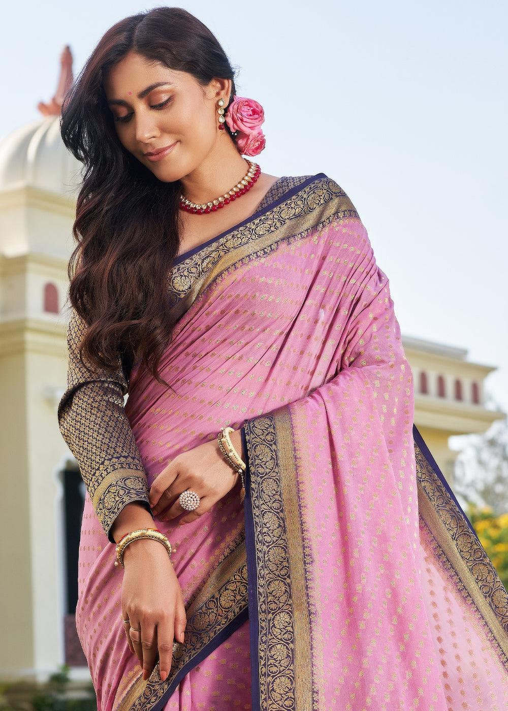 Neon Pink Zari Woven Georgette Saree with Contrast Blouse & Pallu - qivii