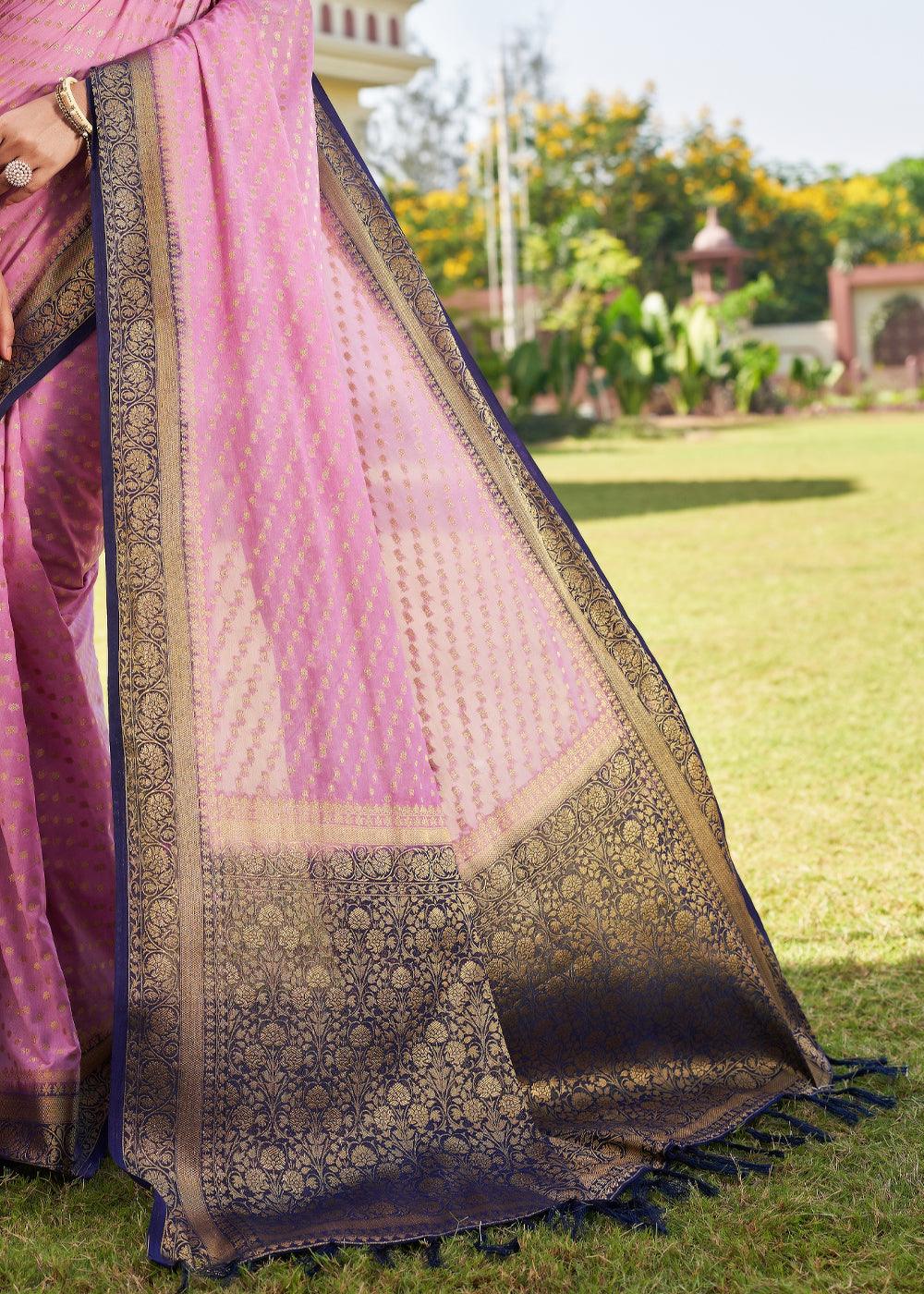 Neon Pink Zari Woven Georgette Saree with Contrast Blouse & Pallu - qivii