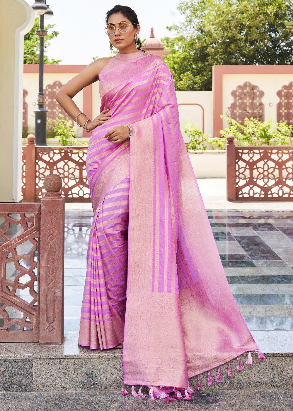 Neon Pink Zari Woven Leheriya Georgette Saree - qivii