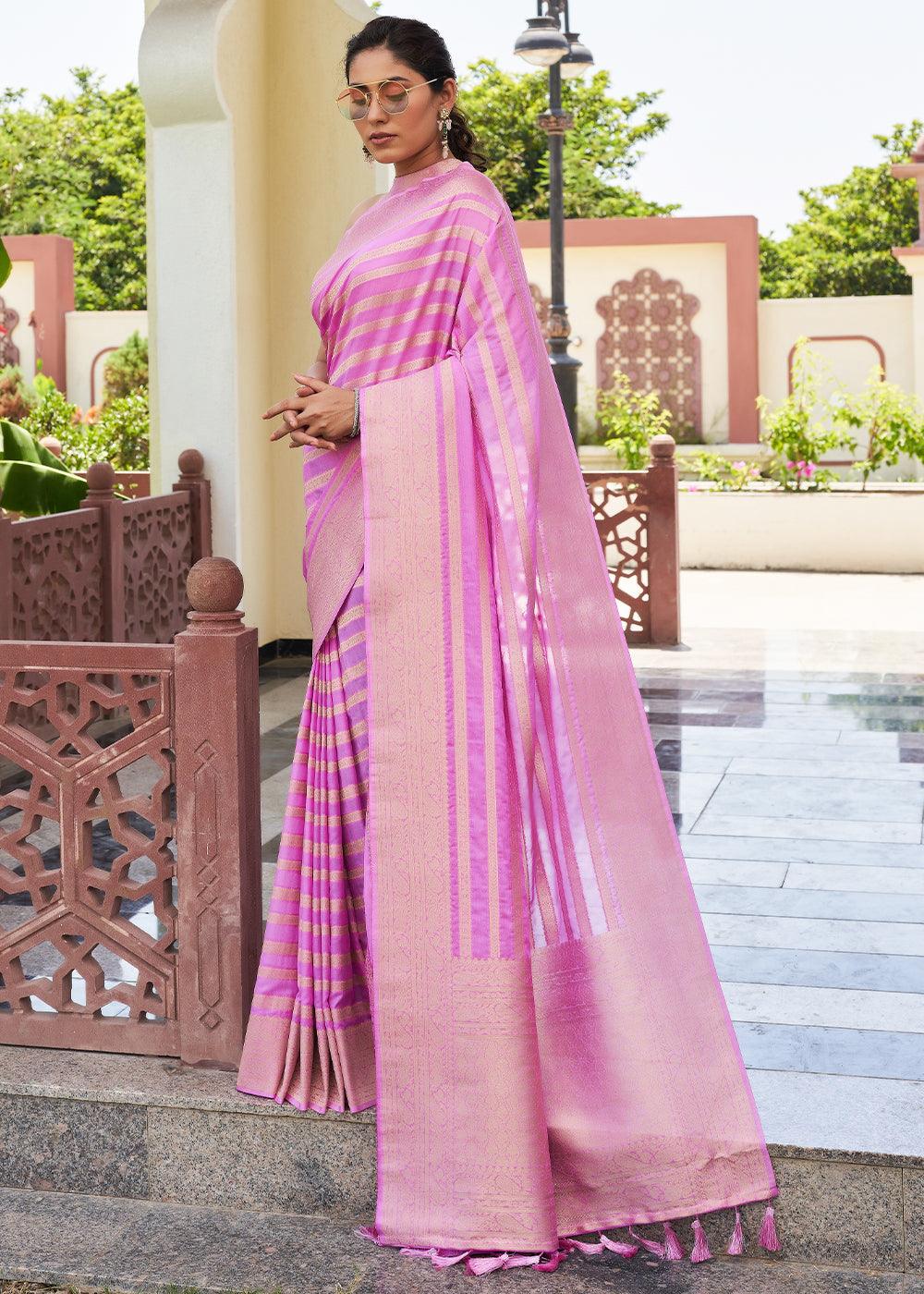 Neon Pink Zari Woven Leheriya Georgette Saree - qivii