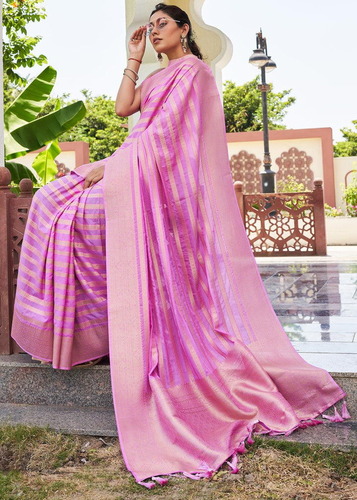 Neon Pink Zari Woven Leheriya Georgette Saree - qivii