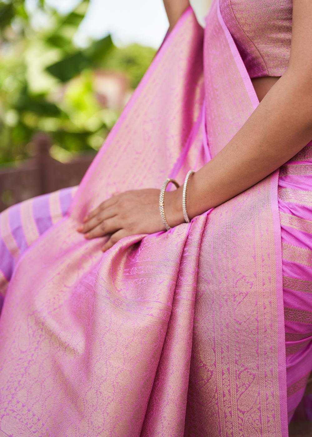 Neon Pink Zari Woven Leheriya Georgette Saree - qivii