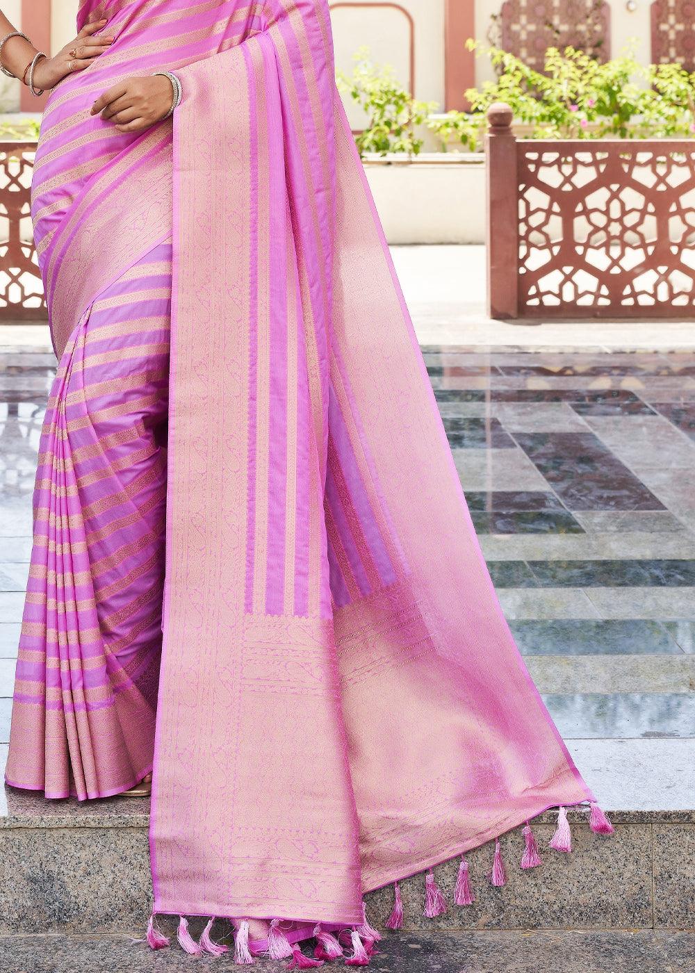 Neon Pink Zari Woven Leheriya Georgette Saree - qivii