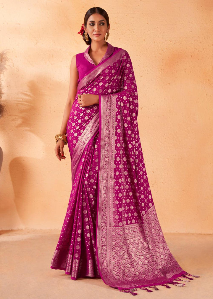 Neon Purple Woven Georgette Saree - qivii