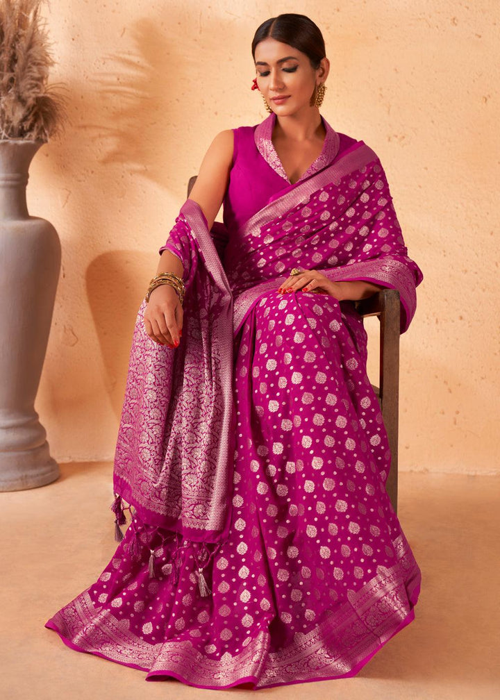 Neon Purple Woven Georgette Saree - qivii