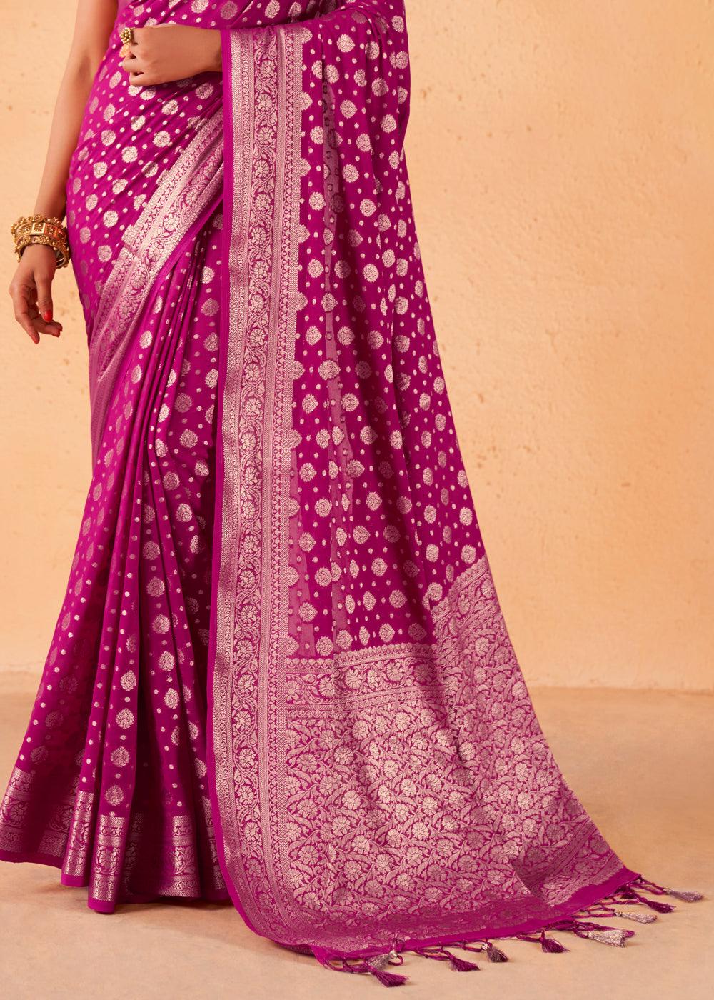 Neon Purple Woven Georgette Saree - qivii