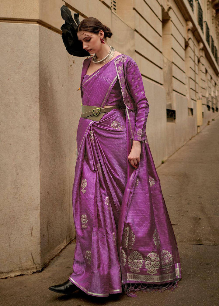 Neon Purple Zari Handloom Woven Satin Silk Saree | Stitched Blouse - qivii