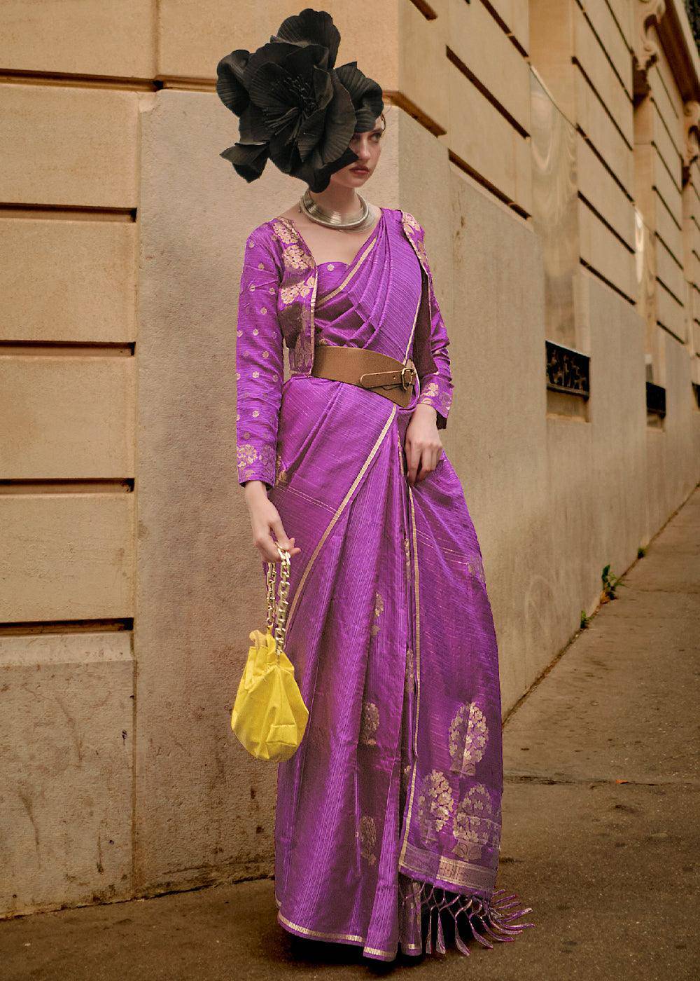 Neon Purple Zari Handloom Woven Satin Silk Saree | Stitched Blouse - qivii