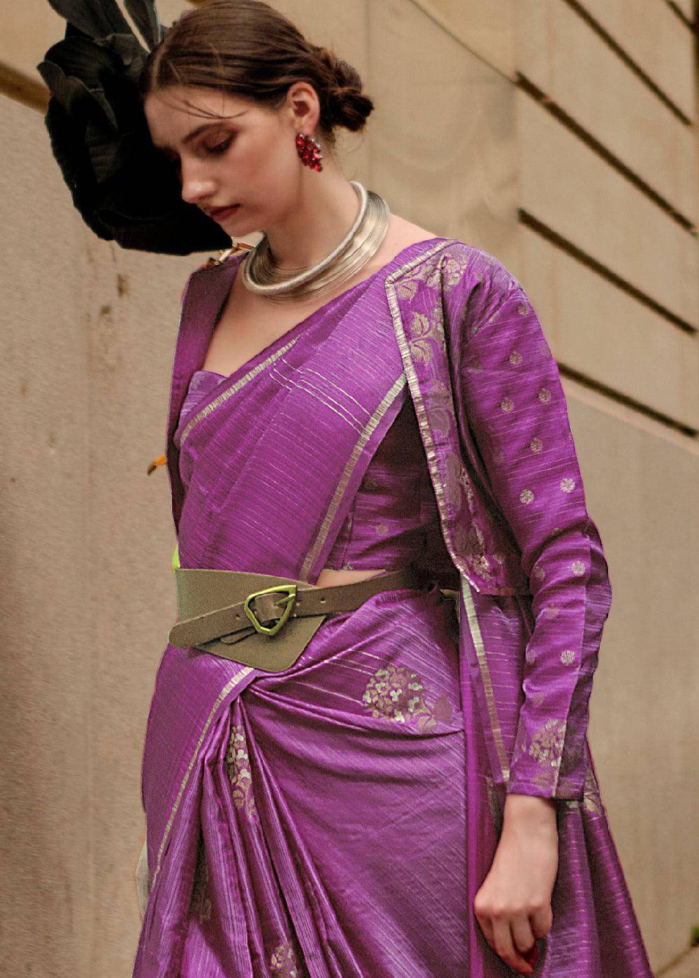 Neon Purple Zari Handloom Woven Satin Silk Saree | Stitched Blouse - qivii