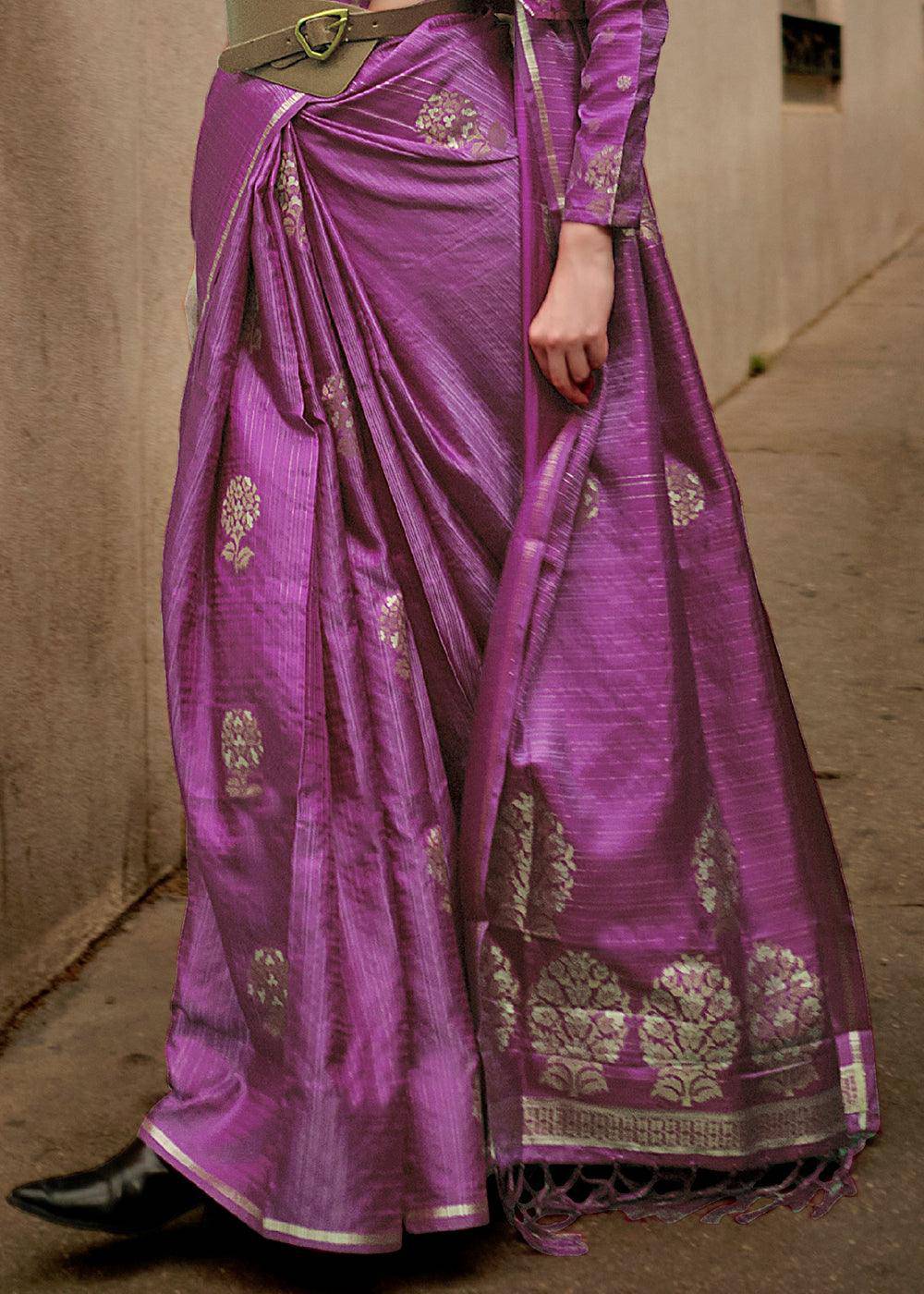 Neon Purple Zari Handloom Woven Satin Silk Saree | Stitched Blouse - qivii